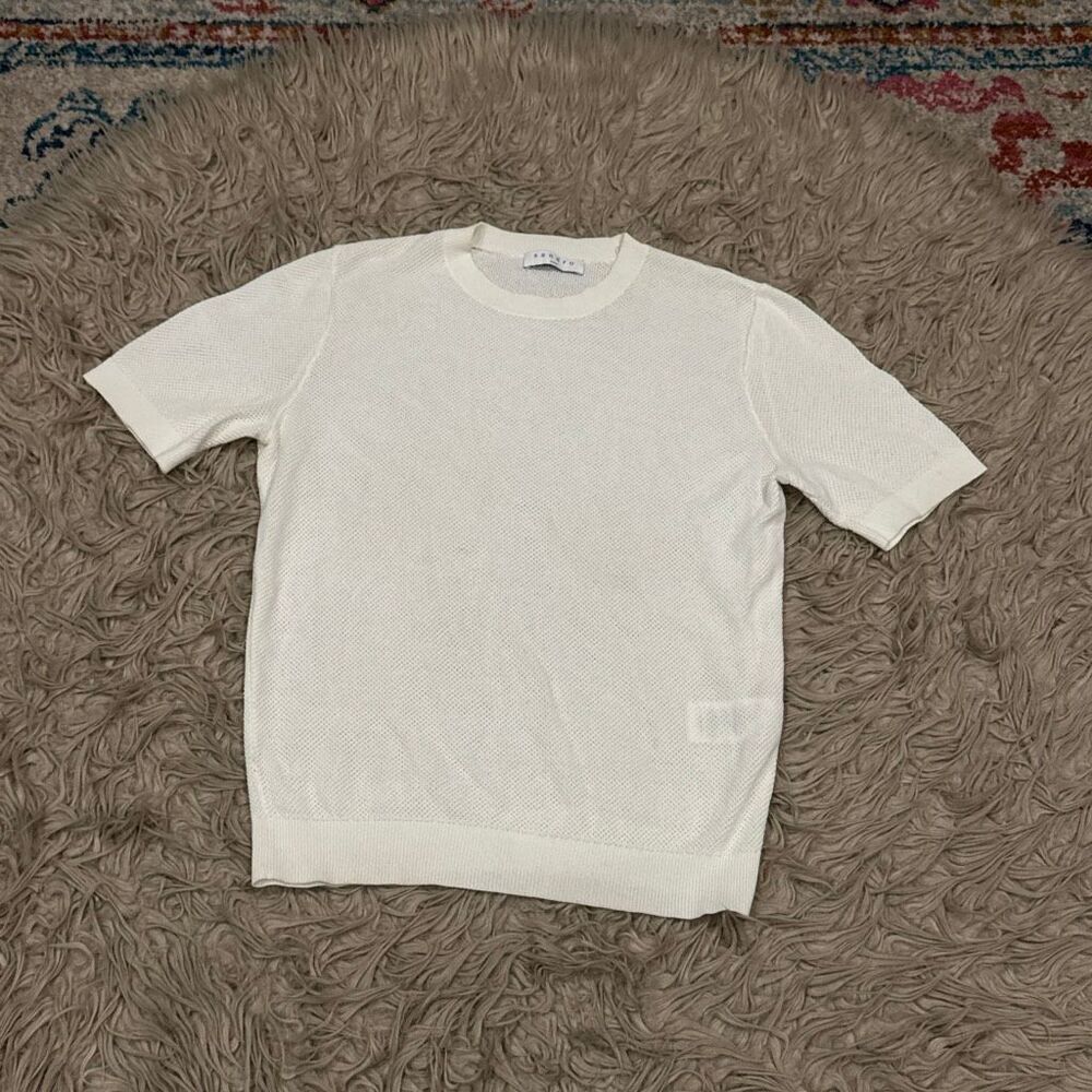 Sandro Paris Women’s White Open Knit Mesh Short Sleeve Sweater Knit Top